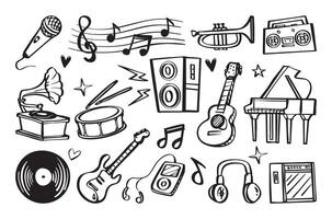 Set of various musical instruments in doodle style with guitar, drum, and musical scale. Cartoon illustration vector