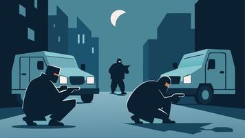 Stealth Approach Officers crouched behind vehicles communicating through hand signals as they plan their next move in a dark alley.. vector