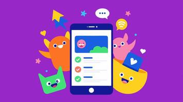 Social Media Showcase A vibrant social media feed on a mobile device featuring eyecatching animated posts with playful characters and dynamic text elements.. vector