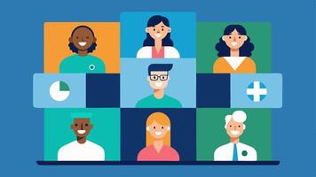 Virtual Support Groups A digital meeting screen split into panels showing diverse individuals participating in a virtual health support group facilitated by a healthcare. vector