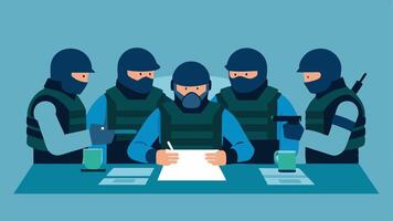 Team Preparation An illustration of a SWAT team gathered around a table with maps and blueprints discussing their plan of action. Members are wearing tactical gear helmets and. vector