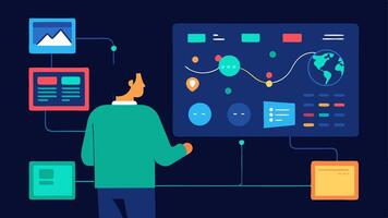 User Behavior Tracker An analyst observing a digital screen showing user journey maps and heatmaps while an AI system highlights areas for improvement with animated cues.. vector