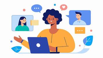 Virtual Consultation A curator holding a call with brand partners to discuss potential collaborations and product offerings for upcoming subscription boxes.. vector