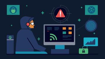 Threat Detection An analyst using a radar screen with highlighted threats and warning signs to indicate active monitoring and detection of cyber threats.. vector