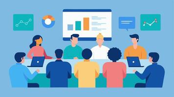 Team Collaboration A diverse group of professionals sitting around a conference table discussing a large screen displaying customer service analytics and AI insights.. vector
