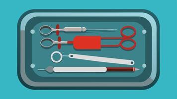 Tools of the Trade A closeup view of a stainless steel tray filled with various autopsy tools like scalpels forceps and scissors.. vector
