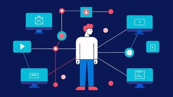 Wireframe Network A digital representation of a network with various devices connected and an investigator pointing at a monitor displaying network traffic analysis.. vector
