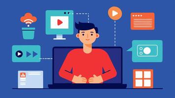 Streaming Software A technician interacting with a streaming software interface on a laptop with input from various sources like cameras and audio feeds displayed on the screen.. vector