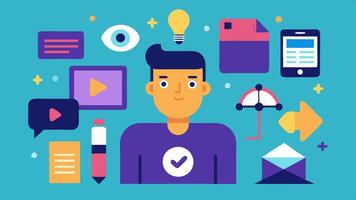 These descriptions can be used to inspire simple illustrations depicting various aspects of a digital content creators work and tools.. vector