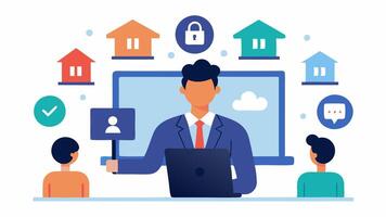 Webinar Presentation Depict a lawyer presenting a webinar on blockchain regulations with a virtual screen showing key points and audience members engaging from their homes.. vector