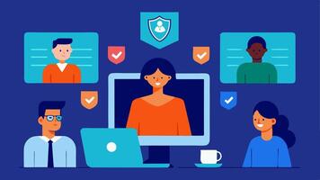 Virtual Meeting on Cybersecurity A depiction of a virtual meeting with participants discussing cybersecurity measures showing screens with data protection measures being presented.. vector