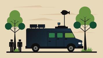 Surveillance Van Side View A sleek van parked discreetly under a tree with antennas and cameras mounted on top showing the law enforcement team inside with their equipment.. vector
