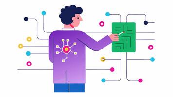 Quantum Circuit Design An engineer sketching elaborate quantum circuits on a transparent board with various qubits and gates drawn in vibrant colors.. vector