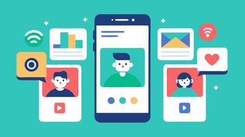 Social Media Feeds A series of stylized social media feeds showing diverse types of content images videos polls on mobile device screens.. vector
