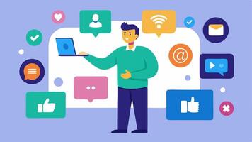 Social Media Strategy A consultant demonstrating social media management tools with graphics of various social platforms assisting a team in reaching broader audiences.. vector