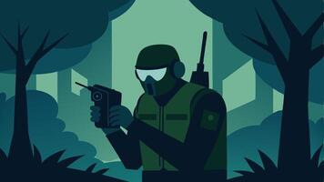 Stealth Approach A quiet scene of an officer in tactical gear using a radio softly with a background of trees and shadows indicating a covert operation being communicated.. vector