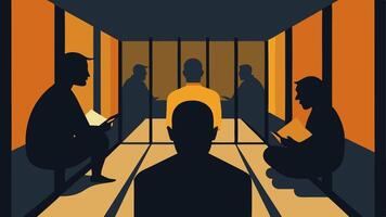Shadowy Figures Giessshapes of inmates viewed from the corridor through the bars each engaged in different activitiessome lying down others reading.. vector