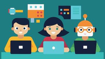 Tech Savvy Kids A scene showcasing kids using laptops and coding with fun graphics representing coding blocks and robots illustrating learning in the digital age.. vector
