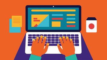 Typing Away A closeup of hands typing on a laptop keyboard with a screen displaying vibrant product images and compelling text symbolizing the art of crafting descriptions.. vector