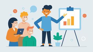 Workshop Host A cheerful influencer at a small workshop gesturing to a flipchart filled with investment strategies while a diverse audience takes notes.. vector