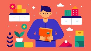 Themed Product Display An illustrator arranging a vibrant array of products based on a seasonal theme surrounded by notes and mood boards to inspire the curated box.. vector