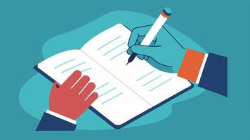 Writing the Report A zoomedin image of the pathologists hands writing detailed notes in a leatherbound notebook with medical terminology visible.. vector
