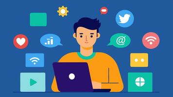Social Media Content Creation A designer creating graphics for social media campaigns on a laptop with various platforms icons in the background and vibrant posts displayed.. vector