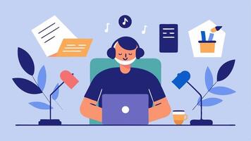Script Reading Depict a podcast producer sitting at a desk surrounded by notes and scripts practicing their delivery with an expression of concentration.. vector