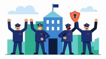 Success Celebrated Law enforcement officers celebrating with each other outside a building after a successful arrest with a digital lock symbol in the background.. vector