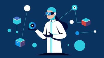 Virtual Reality Analysis The investigator wearing VR goggles while engaging with a 3D model of data analyzing patterns from different angles.. vector