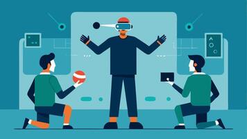 Virtual Reality Training The coach prepares players for VR training demonstrating VR equipment and guiding them through a virtual practice session focused on improving reflexes and. vector