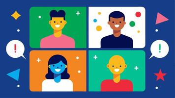 Team Building Activities A splitscreen showing different remote team members participating in a virtual game like trivia or Pictionary with fun graphics illustrating the game.. vector