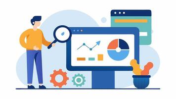 Technical SEO An illustration of the spet examining website speed and performance on a monitor with tools to test loading times and indexing.. vector