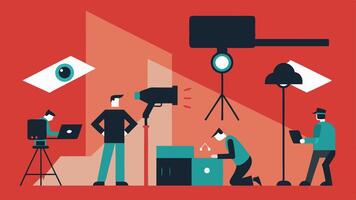 Surveillance Setup A depiction of a team setting up cameras and recording equipment in a covert location to monitor suious activities at a business premise.. vector