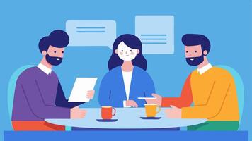Sponsorship Negotiation An illustration of a strategist discussing terms with two content creators and a symbolic sponsor at a conference table filled with contracts and coffee. vector