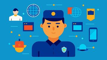 These illustrations can represent the various uses and implications of facial recognition technology in law enforcement contexts without pointing to specific tools or locations.. vector