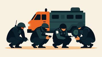 Team Formation A group of four SWAT officers crouched behind a tactical vehicle checking their equipment and preparing for the next move with a focused look on their faces.. vector