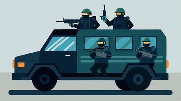 These descriptions illustrate various aspects of a SWAT team operating in an armored vehicle focusing on action teamwork and preparation.. vector