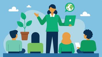 Sustainability Training An illustration of a consultant conducting a training session where employees learn about environmental policies and social responsibility with educational. vector
