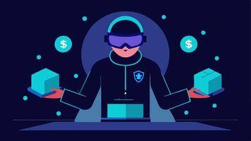 Virtual Reality Interface A hacker immersed in a virtual reality environment manipulating holographic controls to hack into the bank system from within a digital space.. vector