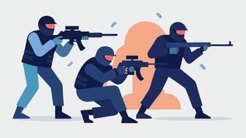 Team Coordination A scene where the sniper is collaborating with other SWAT members below indicated by gestures while keeping their weapon ready emphasizing teamwork in a tense. vector