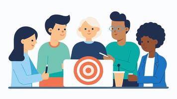The Team Planning A group of diverse characters gathered around a table discussing tactics with one holding a tablet displaying the layout of a target location.. vector