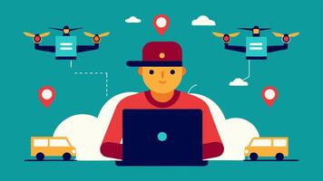 RealTime Monitoring A pilot sits in a vehicle with a laptop monitoring multiple drones in flight displaying live footage of the deliveries on the screen.. vector