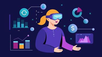 Virtual Reality Trading A person wearing VR goggles interacting with a 3D environment filled with cryptocurrency visualizations and statistics around them.. vector