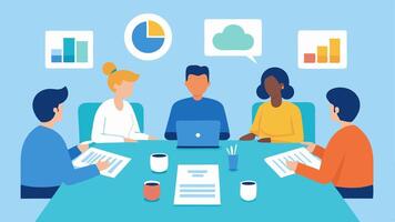 Team Meeting A diverse group of professionals sits around a conference table discussing wellness initiatives. Charts and wellness program brochures are spread out on the table.. vector