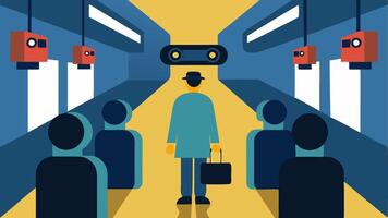 Subway Station Setup A subway station scene where various CCTV cameras monitor commuters zooming in on one individual who appears to be acting out of place.. vector