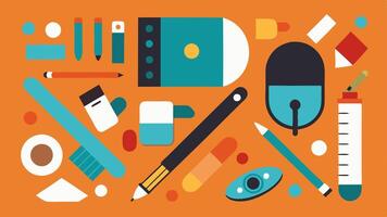 Tool Variety An overhead view of the artists workspace filled with various drawing tools pencils charcoal erasers and color swatches.. vector
