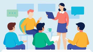 Roleplaying Training A professional roleplaying customer interactions with AI simulations in a training room with peers observing and taking notes.. vector