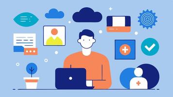 These descriptions can inspire simple illustrations highlighting various aspects of developing an online therapy platform.. vector