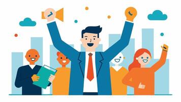 Success Celebration The consultant celebrates a successful transition with a business team all holding charts that indicate positive subscription growth metrics.. vector
